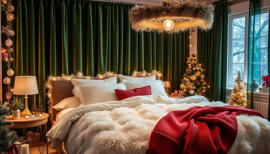 Festive bedroom color palette: Cozy winter scene with plush velvet curtains in a deep, rich green. Soft, snowy white bedding and fluffy pillows create a serene, cloud-like feel. Accents of sparkling silver, gold, and touches of red throughout the room, from glittering string lights to ornaments and throws. Warm, ambient lighting from a rustic wood chandelier casts a magical glow. The space radiates a sense of holiday cheer and tranquility, welcoming you in for a restful, joyful stay.