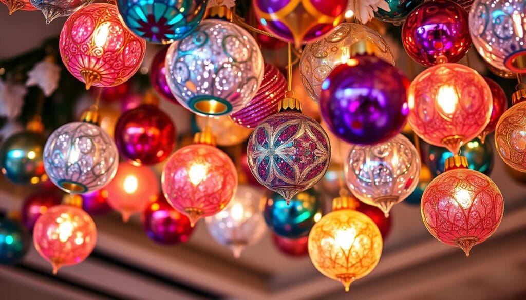 Festive ceiling ornaments, a dazzling display of Christmas cheer. Intricate glass baubles in a kaleidoscope of colors, sparkling with an iridescent sheen, cascade from the ceiling in an elegant, tiered arrangement. Delicate gold filigree details accentuate the ornaments, lending an opulent, regal touch. Soft, warm lighting casts a cozy glow, illuminating the ornaments and creating a serene, inviting atmosphere. The ornaments are positioned at varying heights, creating depth and visual interest, drawing the eye upwards towards the lofty ceiling. This enchanting scene sets the stage for a truly magical holiday celebration, inspiring wonder and festive delight.