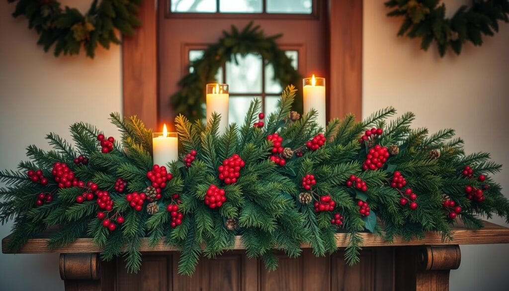 Festive greenery and candle display on a rustic wooden entrance table, with lush garlands, red berries, and twinkling candles creating a warm, cozy ambiance. Soft, diffused lighting from a large window illuminates the scene, casting gentle shadows and highlights on the natural elements. The composition features a balanced arrangement of various evergreen sprigs, pinecones, and the soft glow of the flickering flames, inviting visitors to step into this welcoming winter wonderland.