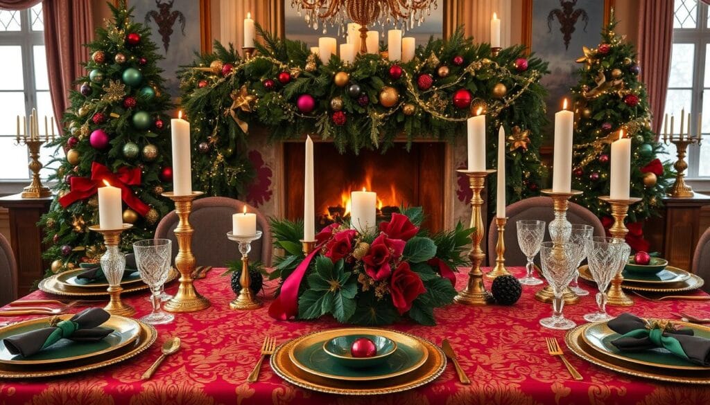 Festive maximalist table setting with an opulent, jewel-toned color palette. In the foreground, an ornate, brocade tablecloth in rich crimson and gold sets the stage. Layered with a profusion of antique gold chargers, baroque-inspired crystal stemware, and an array of jewel-toned dinnerware in emerald, sapphire, and amethyst hues. Elegant candlesticks in gilded brass and crystal cast a warm, ambient glow. The middle ground features an abundance of fresh greenery, lush velvet ribbons, and an array of elegant ornaments in a spectrum of colors. In the background, a grand fireplace mantled with garlands, twinkling fairy lights, and clusters of pillar candles creates a cozy, festive ambiance. Soft, diffused lighting illuminates the scene, lending a sense of timeless opulence and holiday cheer.