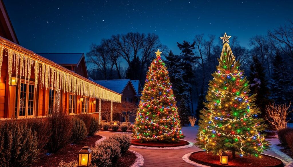 Festive outdoor lighting display with twinkling icicle lights cascading from rooflines, warm glowing lanterns lining garden paths, and a grand Christmas tree adorned with multicolored string lights in the foreground. The scene is set against a backdrop of a cozy winter landscape with snow-covered trees and a starry night sky. The lighting creates a magical, inviting atmosphere, perfectly illuminating the outdoor space for joyful holiday celebrations.
