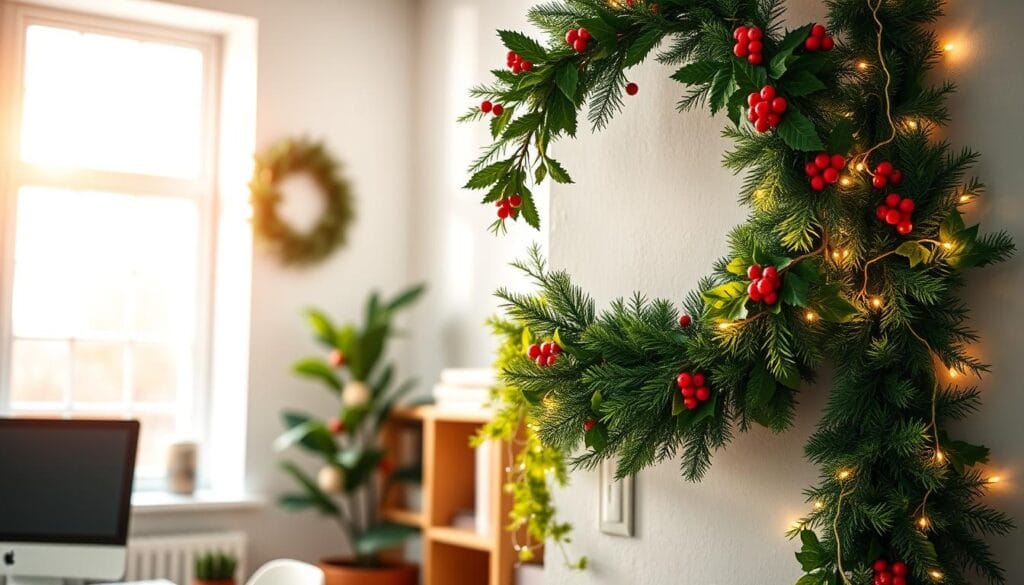 Handmade wreaths and garlands adorn a cozy office space, their vibrant greens and delicate details catching the warm glow of natural light filtering through large windows. In the foreground, a wreath of pine branches, holly leaves, and red berries hangs elegantly on the wall, its rustic charm complementing the minimalist decor. Across the room, a lush garland cascades down a wooden bookshelf, intertwined with twinkling fairy lights that cast a festive ambiance. The overall scene evokes a sense of crafted holiday cheer, inspiring creativity and a touch of seasonal wonder in the workspace.