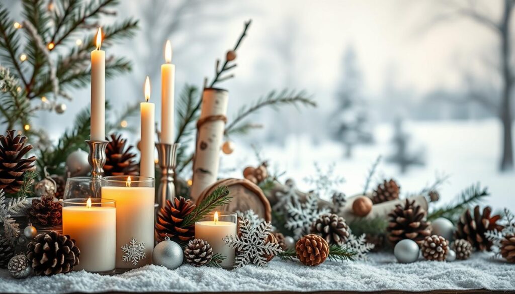 Intricate and captivating winter decor items arranged in a harmonious composition. In the foreground, a collection of elegant candles, pine cones, and sparkling ornaments, casting a warm, inviting glow. In the middle ground, an assortment of natural elements like birch logs, sprigs of evergreen, and delicate snowflakes, creating a rustic, cozy atmosphere. The background features a subtle, hazy winter landscape, with a soft, muted color palette that complements the decor. Lighting is soft and diffused, highlighting the textures and details of the items. The overall mood is one of tranquility, wonder, and the embrace of the winter season.