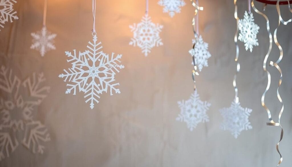 Intricate paper snowflakes delicately suspended against a softly lit, textured background. Shimmering chains of silvery paper links flow gracefully, creating a sense of whimsical motion. Warm, diffused lighting casts gentle shadows, emphasizing the delicate, ephemeral nature of the scene. The snowflakes and chains appear to be handcrafted, with subtle variations in shape and size adding depth and character. A serene, magical atmosphere evokes the joy and wonder of the holiday season, perfectly complementing the "Step-by-Step Guide for Crafting Paper Snowflakes & Chains".