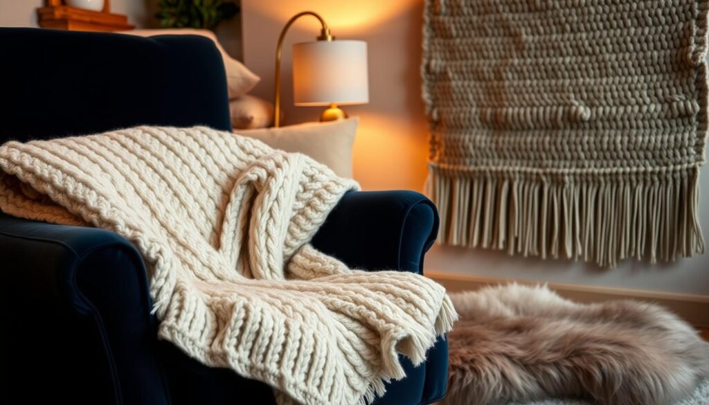 Layered winter textiles in a cozy, warm-lit setting. In the foreground, a plush, cream-colored knit throw blanket draped over a deep navy blue velvet armchair. Behind, a stack of thick cable-knit cushions in earthy tones. In the middle ground, a sheepskin rug in soft gray tones, bathed in the gentle glow of a brass table lamp. In the background, a textured woven wall hanging in muted greens and browns, complemented by the warm, ambient lighting. The overall scene exudes a sense of comfort, relaxation, and hygge - perfect for a cozy winter hideaway.
