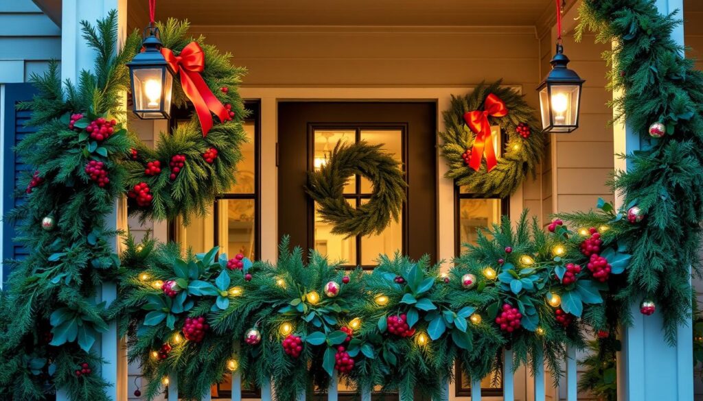 Lush, full-bodied seasonal wreaths crafted with fresh evergreen boughs, vibrant berries, and elegant ribbons adorn the front porch, framing the entryway. Cascading garlands of pine, holly, and eucalyptus trail along the porch railing, their textures and colors creating a warm, inviting welcome. Soft, diffused lighting from lanterns and string lights casts a cozy, festive glow, accentuating the natural beauty of the decorations. The overall scene evokes the charm and magic of a traditional Christmas, drawing the viewer in with its harmonious blend of rustic and refined elements.