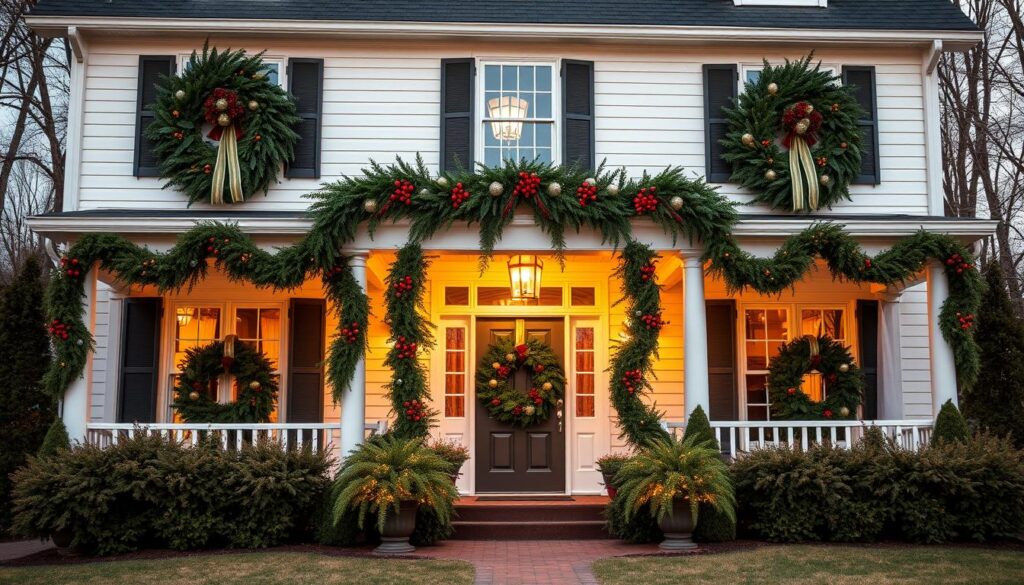 Magnificent designer curb appeal wreaths and garland adorning a stately colonial-style home, captured in a warm, inviting evening light. The lush, full wreaths feature a harmonious blend of evergreen foliage, festive red berries, and elegant gold and silver accents. Cascading garlands drape gracefully over the front porch, accentuating the home's architectural details. The scene conveys a sense of seasonal splendor and timeless sophistication, creating an irresistible invitation to step inside. Captured with a wide-angle lens to showcase the breathtaking display in its full glory, this image exudes the perfect balance of classic elegance and holiday cheer.