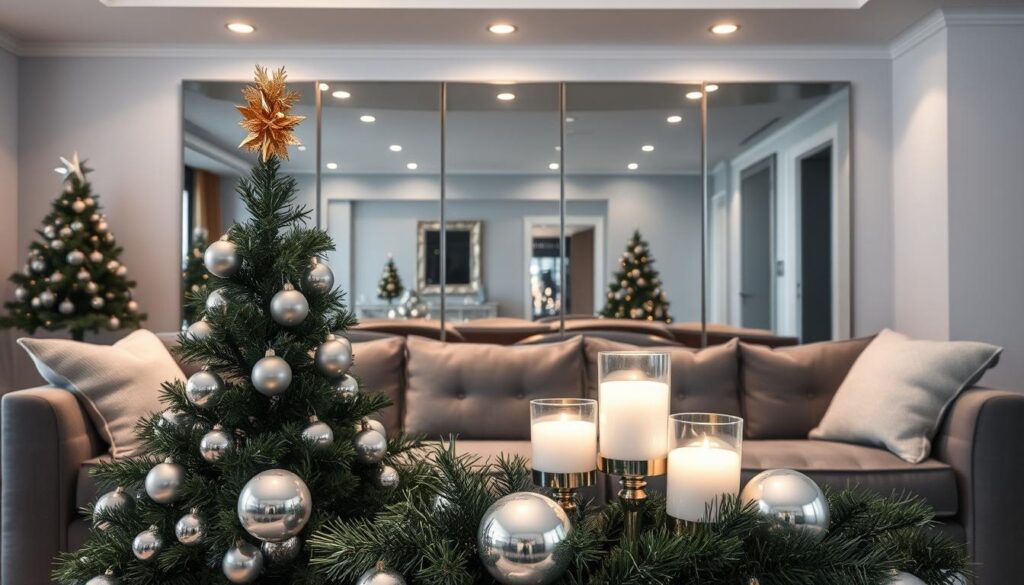 Metallic christmas decor with grey couch