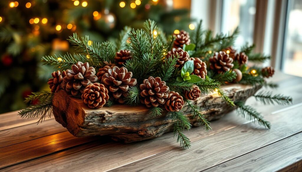Natural wood and pinecone holiday decor