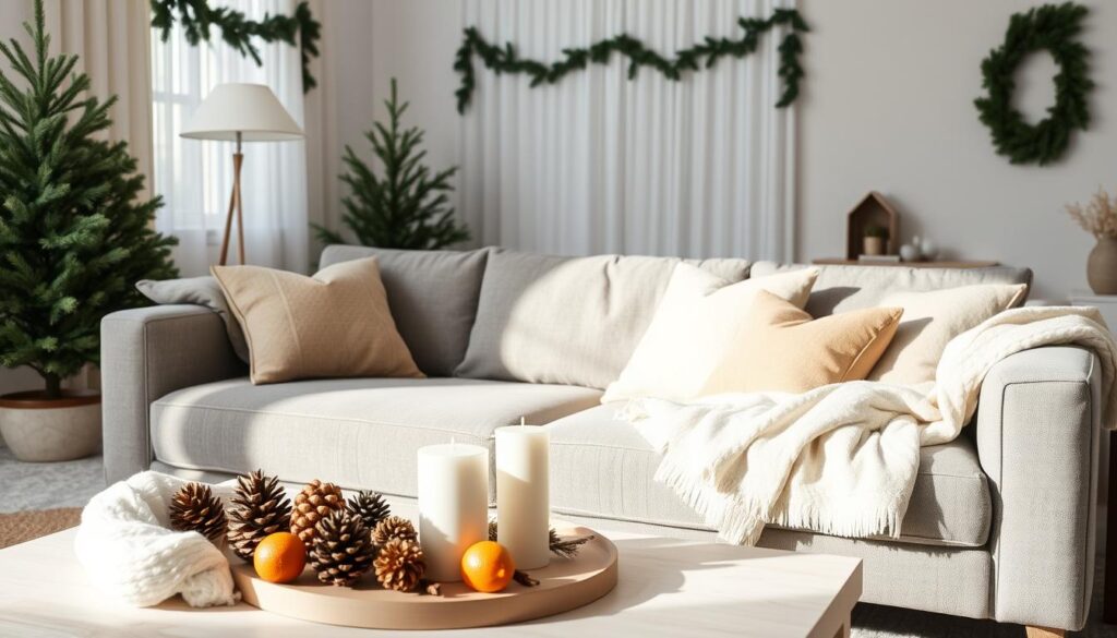 Neutral christmas decor with grey couch