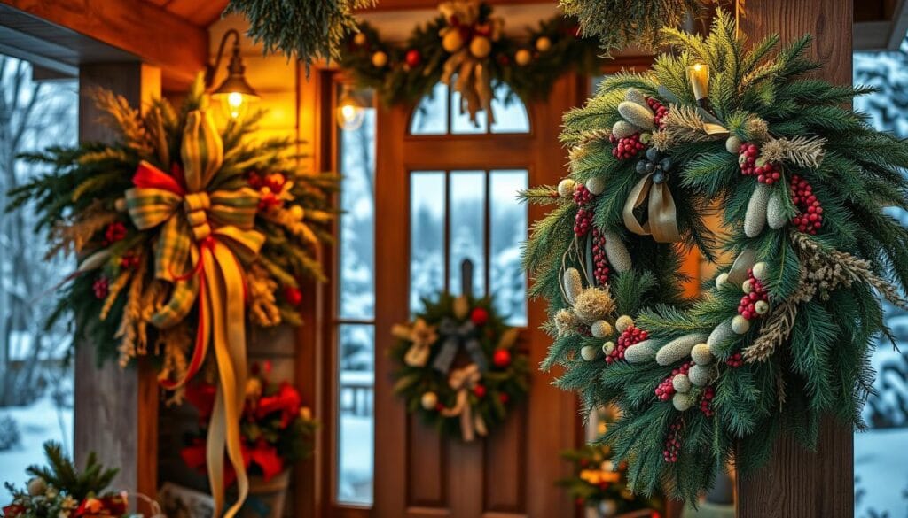 Ornate, hand-crafted wreaths adorning a cozy front porch, bathed in the warm glow of soft lighting. Unique textures and materials - lush evergreens, delicate dried flowers, rustic natural elements - woven together in visually striking arrangements. In the foreground, a large statement wreath with cascading ribbons and berries; in the middle, smaller complementary wreaths flanking the wooden door. The background features a picturesque winter landscape, snow-capped trees, and a clear, starry sky. The overall scene exudes a sense of seasonal charm, inviting warmth, and artistic flair - a welcoming display to enchant visitors to this charming holiday home.