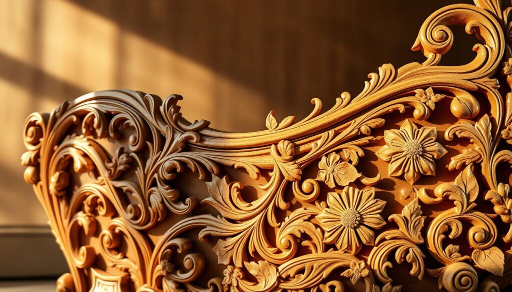Ornate rococo-style curved furniture, adorned with intricate floral and leaf carvings. Graceful, undulating lines and patterns flow across the surface, creating a sense of movement and organic vitality. Warm, golden lighting casts gentle shadows, accentuating the depth and texture of the exquisite woodwork. The furniture is set against a muted, neutral background, allowing the mesmerizing details to take center stage. Conveying a sense of whimsical elegance and refined craftsmanship, these carved furnishings embody the playful spirit of the Rococo revival.