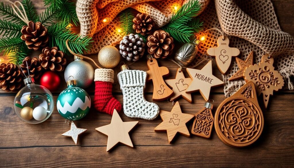 Personalized Christmas ornaments arranged on a rustic wooden table, illuminated by warm, soft lighting. An assortment of handcrafted ornaments, each with a unique design, texture, and color palette, such as hand-painted glass baubles, knitted stockings, and wooden shapes adorned with intricate carvings. The ornaments are displayed against a backdrop of cozy natural elements, like pinecones, evergreen sprigs, and a woven throw. The overall scene conveys a sense of homemade charm, inviting the viewer to imagine the personal stories and traditions behind each ornament.