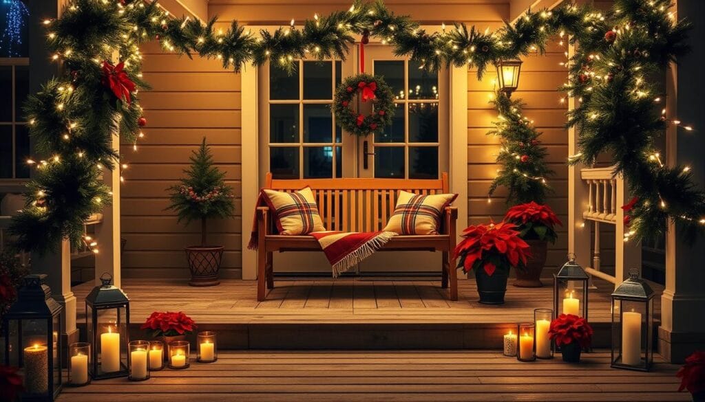 Porch with a warm, cozy atmosphere bathed in a soft glow of twinkling string lights. Wooden porch swing adorned with festive pillows and blankets, casting gentle shadows on the weathered floorboards. Garlands of pine and holly frame the entrance, creating a welcoming holiday vibe. Clusters of lanterns and votive candles line the steps, their flickering flames reflecting off glass panels. A pair of potted poinsettias flank the doorway, their vibrant red bracts adding a pop of seasonal color. The overall scene exudes a sense of holiday cheer and invites guests to linger and soak in the enchanting ambiance.