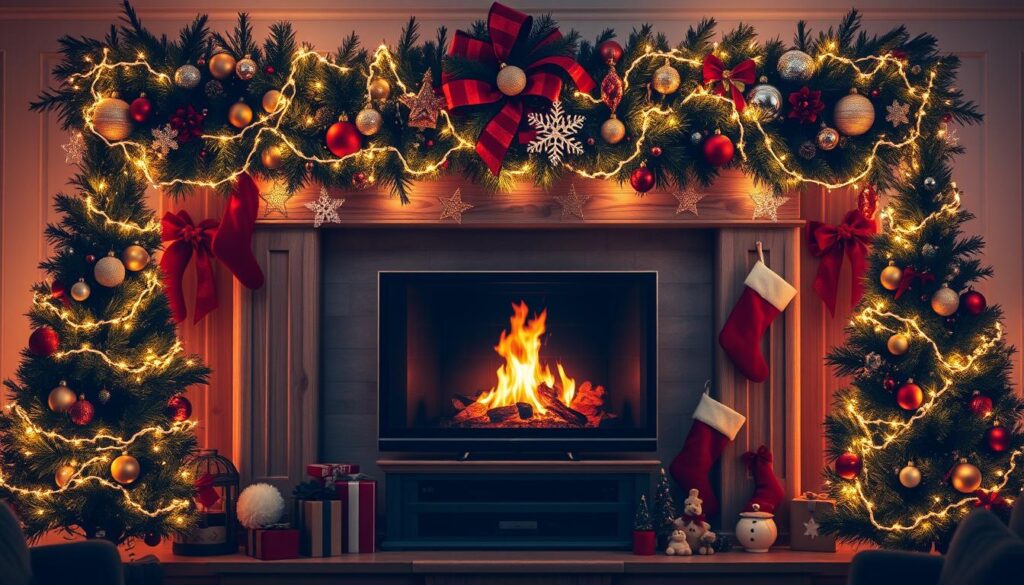 Prompt A cozy and inviting Christmas mantel adorned with festive garlands, twinkling lights, and an array of ornaments, stockings, and other holiday decor. In the center, a flatscreen TV seamlessly blends into the scene, showcasing a cozy fireplace with a warm, crackling fire. The mantel is flanked by tall, lush evergreen trees, casting a soft, natural glow. Indirect, warm lighting from hidden sources creates a welcoming ambiance, while the overall composition strikes a balance between the traditional and modern elements. The scene evokes a sense of holiday cheer and family togetherness.