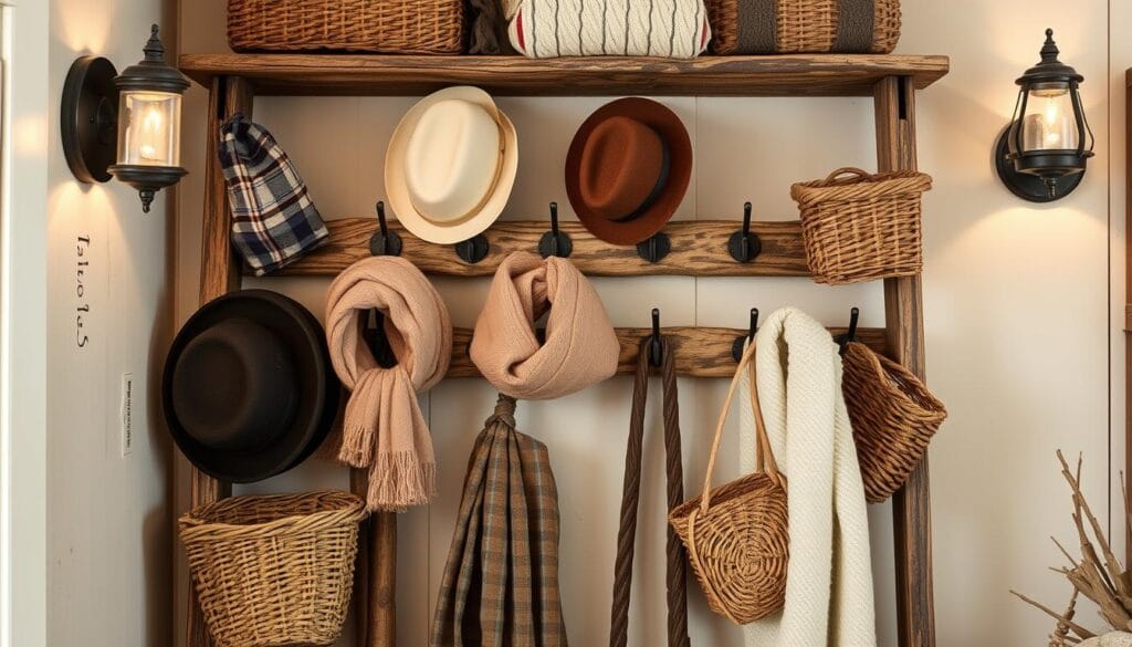 Prompt A cozy nook showcases an antique wooden ladder repurposed as a stylish storage solution. Rustic metal hooks and woven baskets line the rungs, creating a charming display for hats, scarves, and other winter accessories. Soft, warm lighting from sconces bathes the scene in a cozy glow, highlighting the natural textures and tones of the weathered wood and woven fibers. The composition is balanced and inviting, with a touch of whimsy that captures the spirit of the "Functional and Fun: Hanging Hats, Scarves, and More" section.