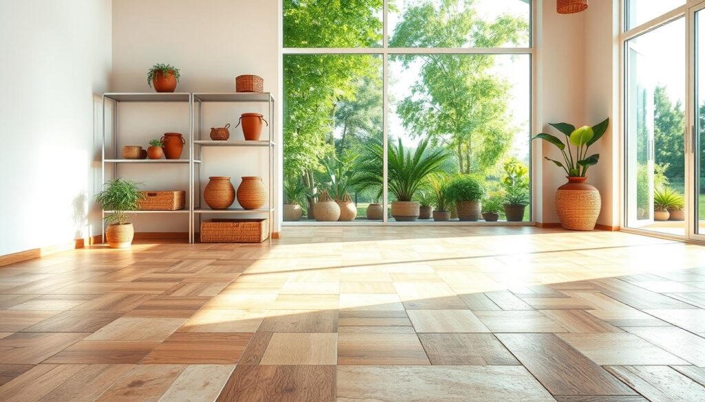 Prompt A sunlit interior showcasing an array of sustainable building materials. In the foreground, a seamless blend of reclaimed wood, bamboo, and locally-sourced stone tiles create a warm, textured floor. Midground features an elegant, minimalist shelving unit crafted from recycled aluminum, displaying terracotta pots and woven baskets. The background depicts large windows letting in natural light, revealing a lush, verdant garden outside. A sense of harmony and environmental consciousness permeates the scene, capturing the essence of eco-friendly home design.