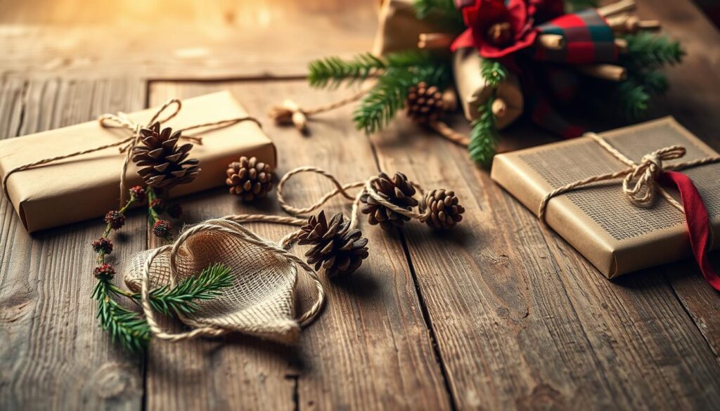 Rustic farmhouse-style holiday gift wrapping with natural elements. Close-up view of rough-hewn wooden table surface, soft natural lighting from above, casting warm glow. In the foreground, various DIY gift wrapping supplies - brown kraft paper, twine, ribbons, pinecones, sprigs of greenery. Textured burlap, tartan plaid, and distressed accents throughout the scene, creating a cozy, handcrafted aesthetic. Subtle shadows and highlights emphasize the organic, handmade qualities. The overall mood is one of homespun charm and rustic simplicity, perfect for a farmhouse-inspired holiday gift-giving.