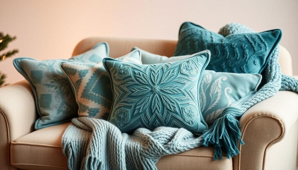 Teal Christmas throw pillows and blankets