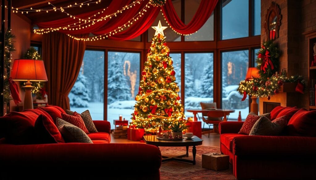 Vibrant holiday color palette, with a captivating blend of rich reds, deep greens, and warm golds. In the foreground, a cozy living room scene, featuring plush velvet furnishings, twinkling fairy lights, and a carefully curated arrangement of seasonal decor. The middle ground showcases a magnificent Christmas tree, adorned with gleaming ornaments and a shimmering star topper. The background is a serene winter landscape, with softly falling snow and a glowing fireplace visible through a large picture window. The overall mood is one of festive cheer and inviting comfort, perfectly capturing the essence of the holiday spirit in a living room setting.