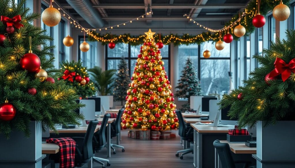 Vibrant holiday color schemes in a festive office setting. Lush evergreen garlands adorning desks, accented with shimmering gold and crimson ornaments. Sparkling string lights cast a warm glow, illuminating a central Christmas tree decked with an array of colorful baubles. Hints of plaid patterns and wintry textures add cozy touches, while metallic accents reflect the light. Soft natural daylight streams through large windows, creating an inviting and cheerful ambiance. The overall aesthetic blends traditional holiday charm with a modern, sophisticated flair, setting an enchanting tone for the workspace.