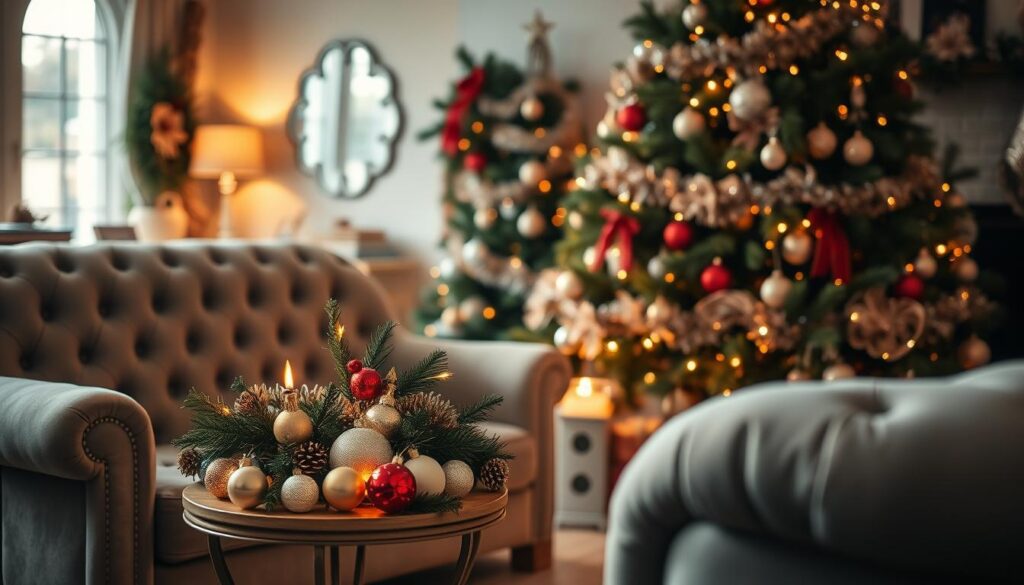 Vintage christmas decor with grey couch