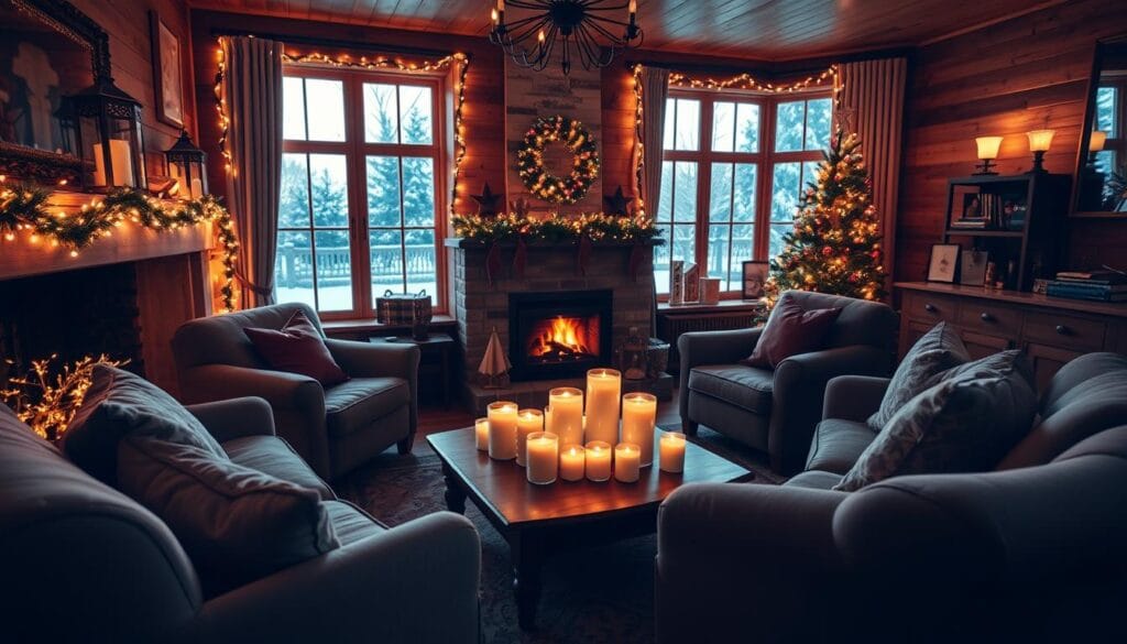 Warm holiday lighting illuminating a cozy living room. Soft, glowing strings of fairy lights draped along mantelpiece and windowsills, casting a golden ambiance. A collection of pillar candles flickering on a wooden coffee table, their flames dancing and casting gentle shadows. Plush velvet armchairs arranged around a crackling fireplace, creating an inviting, intimate atmosphere. Warm wooden tones and rich textures throughout, evoking a sense of hygge and holiday charm. A wide-angle lens captures the enveloping, tranquil scene, a peaceful respite from the winter chill outside.