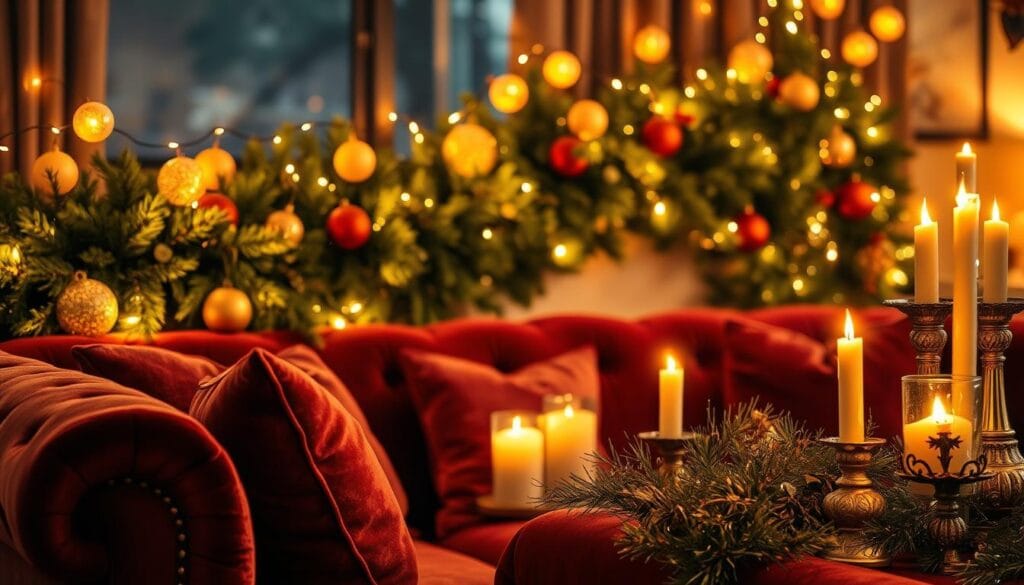 Warm holiday lighting textures: Soft, glowing orbs of amber and gold adorn a cozy living room, casting a gentle, inviting radiance. Strings of twinkling fairy lights wind around a lush, verdant garland, adding a touch of magic. Flickering candlelight dances across plush, jewel-toned velvet furnishings, creating a serene, festive ambiance. Ornate, gilded details on holiday decor pieces reflect the warm light, imbuing the space with a sense of timeless elegance. The overall scene exudes a welcoming, comfortable atmosphere, perfect for gathering with loved ones and embracing the joyful spirit of the season.