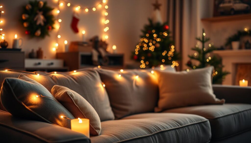 Warm holiday lighting with string lights and candles