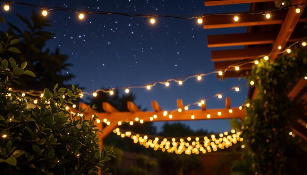 Warm white string lights draped across a lush, verdant backyard, casting a soft, inviting glow over the scene. The delicate, glowing orbs are evenly spaced, creating a captivating and festive atmosphere. In the foreground, the lights intermingle with the lush foliage, while in the middle ground, they stretch across a wooden pergola, adding a touch of whimsy. The background features a serene, starry night sky, complementing the cozy, intimate vibe. The lighting is natural and diffused, creating a warm, welcoming ambiance perfect for a backyard holiday gathering.