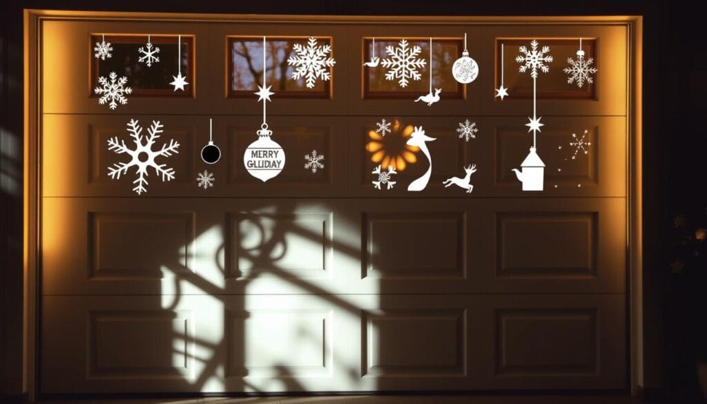 Window decals in the shape of snowflakes, ornaments, and holiday-themed silhouettes adorn a garage door. The decals are arranged in a visually-pleasing, symmetrical pattern, casting soft shadows on the garage door's surface. The lighting is warm and diffuse, creating a cozy, festive atmosphere. The camera angle is slightly elevated, capturing the full height of the garage door and highlighting the intricate details of the window decals. The background is slightly blurred, keeping the focus on the decorative elements of the garage door.