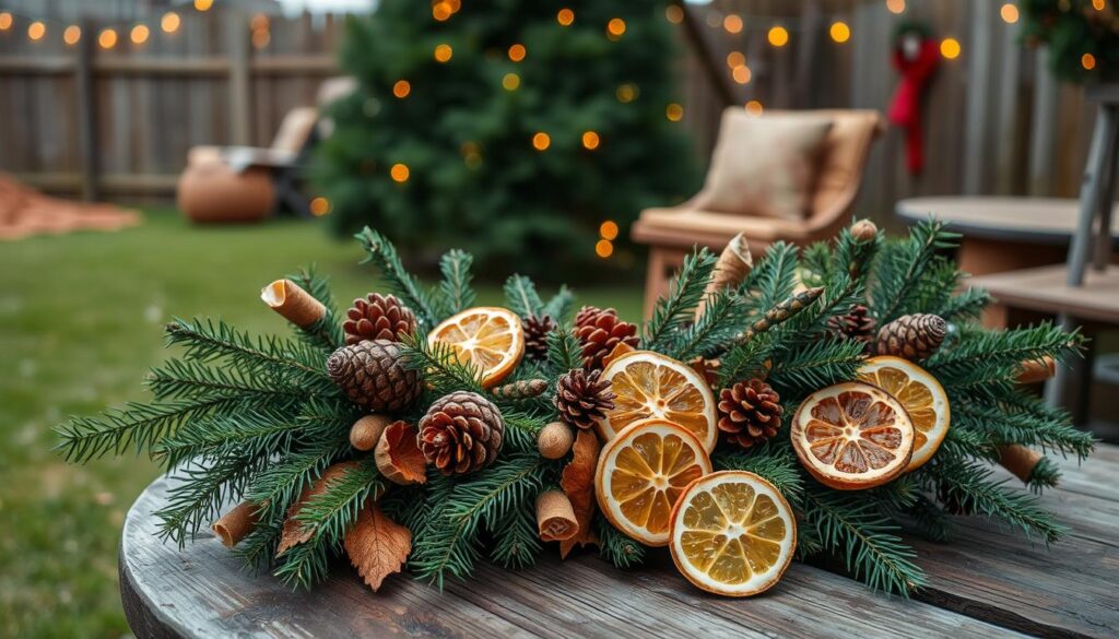 a cozy and rustic arrangement of natural holiday elements in a backyard setting, featuring a mix of evergreen branches, pinecones, and dried citrus slices arranged artfully on a wooden surface, with a warm, soft lighting illuminating the scene, creating a serene and inviting atmosphere perfect for a festive outdoor display