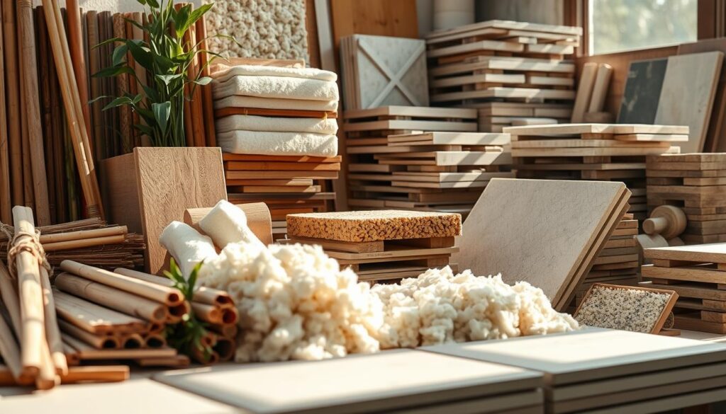 a detailed image of various sustainable building materials arranged in a visually appealing composition, with natural lighting illuminating the scene. In the foreground, there is a selection of eco-friendly materials such as bamboo, reclaimed wood, and recycled plastic. In the middle ground, there are samples of insulation made from renewable resources like sheep's wool or plant-based fibers. In the background, there are stacks of sustainable cement alternatives and tiles crafted from earth-friendly materials. The overall mood is one of warmth, simplicity, and environmental consciousness, showcasing the beauty and versatility of sustainable construction.