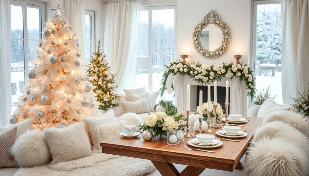 a dreamy, ethereal holiday scene with a cozy, white-themed Christmas decor. in the foreground, a large, fluffy white Christmas tree adorned with delicate silver and crystal ornaments, soft white lights, and a glimmering star topper. surrounding the tree, a collection of plush white and ivory pillows, sheepskin rugs, and a vintage white fireplace mantel draped with a garland of white flowers and greenery. in the middle ground, a rustic wooden table set with white porcelain dinnerware, silver candlesticks, and a centerpiece of white poinsettias and eucalyptus. in the background, a large window framed by flowing white curtains, revealing a snowy winter landscape outside. the lighting is soft and diffused, creating a serene, peaceful atmosphere. shot with a wide-angle lens to capture the full scene.
