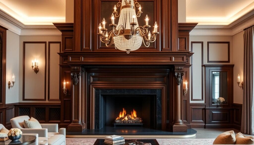a grand, elegant statement fireplace design with a large, ornate mantel made of dark, polished wood, framed by intricate carvings and decorative molding. The fireplace surround is a sleek, minimalist black stone or marble, creating a striking contrast. The fireplace is the focal point of the room, bathed in warm, soft lighting from a combination of sconces and a central, grand chandelier overhead, casting a cozy, inviting glow. The space around the fireplace is spacious and uncluttered, allowing the architectural details to shine. Plush, neutral-toned furnishings and decor elements complement the fireplace, creating a harmonious, sophisticated living room design.