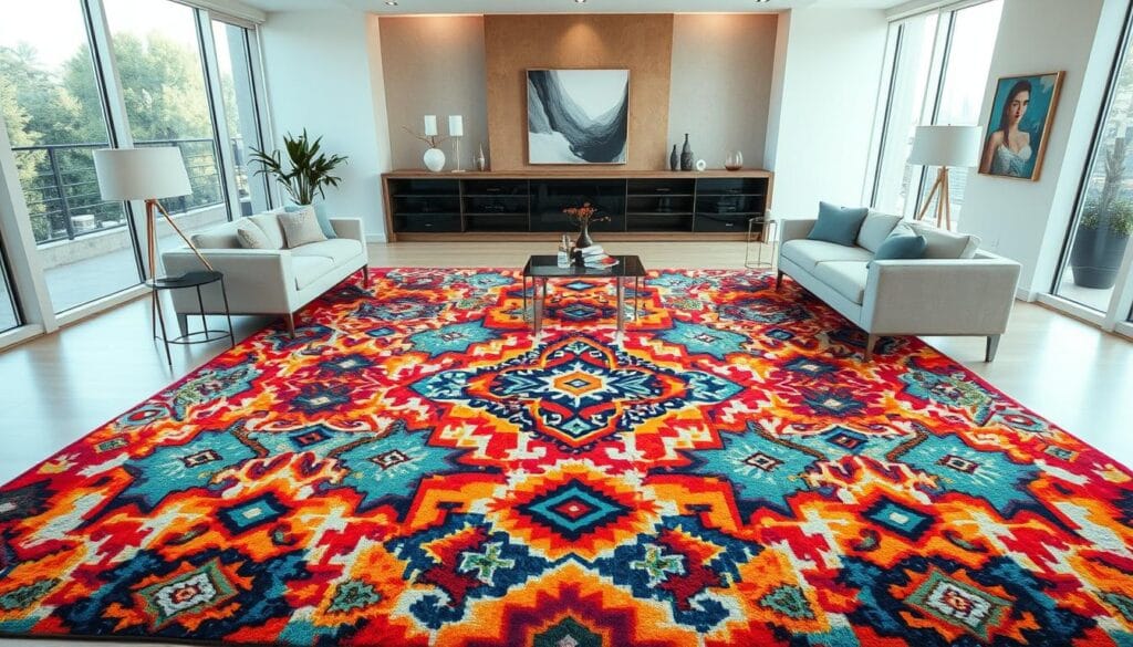 a highly detailed, large, intricately patterned, vibrantly colored, luxurious rug with a bold, dynamic geometric design covering the entire frame. the rug is positioned in the center of a well-lit, modern living room with minimalist, contemporary furniture and decor. the room has large windows letting in natural light, creating a warm, inviting atmosphere. the rug is the focal point, drawing the eye with its striking, eye-catching pattern that infuses the space with energy and visual interest.