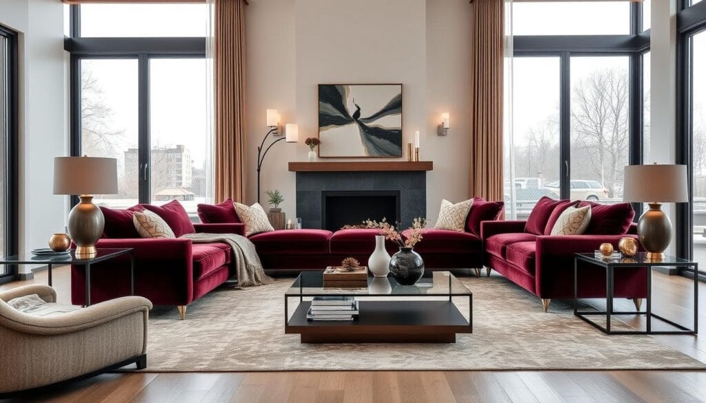 a magnificent living room showcasing the benefits of home staging, with a beautifully decorated space that exudes warmth, elegance, and functionality. The room features plush velvet sofas in a rich burgundy hue, complemented by modern, minimalist coffee tables and end tables in a sleek, dark wood finish. The large, floor-to-ceiling windows flood the space with natural light, creating a bright and airy atmosphere. Tasteful artwork and decorative accents, such as vases, candles, and throw pillows, add depth and visual interest. The overall composition emphasizes the importance of thoughtful furniture placement, color coordination, and attention to detail in creating a visually stunning and inviting home environment.