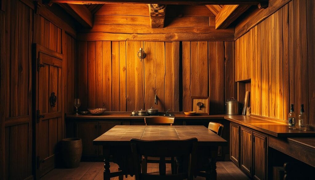 a rustic kitchen with aged, weathered wooden panels lining the walls, giving an authentic medieval ambiance. The panels feature intricate, hand-carved patterns and textures, evoking the craftsmanship of a bygone era. Warm, ambient lighting casts a soft, golden glow, casting dramatic shadows that accentuate the depth and character of the wood. The scene has a cozy, lived-in feel, as if it has witnessed centuries of culinary endeavors. In the foreground, a sturdy, wooden table and chairs stand ready to host a medieval-inspired feast. The overall atmosphere is one of timeless elegance and historical charm, perfectly complementing the "Medieval Inspired Decor" theme.