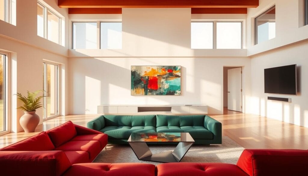 a vibrant, modern living room with a bold, visionary design. The room is filled with natural light streaming through large windows, casting a warm glow over the space. In the foreground, a sleek, angular sofa in a rich, saturated color, perhaps a deep burgundy or forest green, takes center stage. Complementing the sofa, a striking, geometric coffee table with a glass top reflects the light, adding depth and dimension to the scene. In the middle ground, a striking, abstract art piece hangs on the wall, its bold colors and dynamic brushstrokes commanding attention. The background features a minimalist, monochromatic palette, with clean lines and a sense of spaciousness, creating a serene and elevated atmosphere. The overall scene conveys a sense of bold, visionary design that transforms the space into a warm, inviting, and visually striking home.