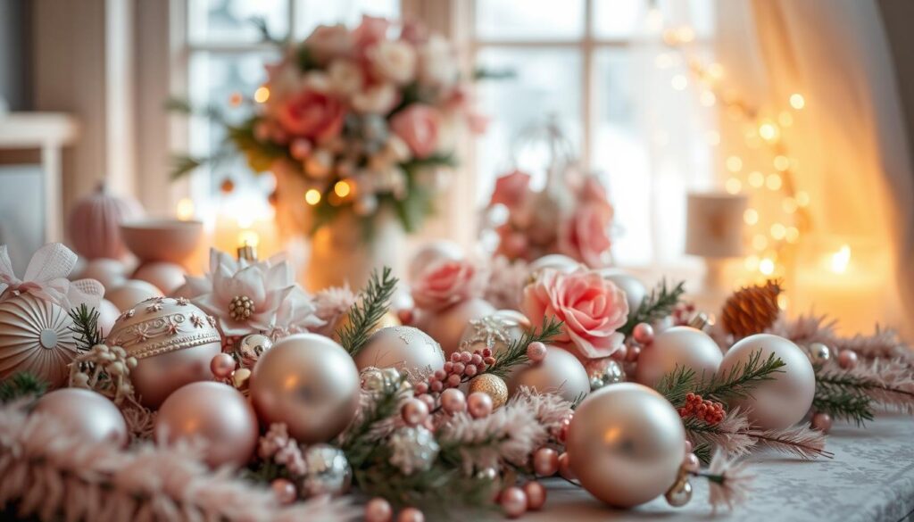 a whimsical, cozy holiday color palette with shades of soft pink, warm cream, and touches of gold and silver. In the foreground, an artfully arranged still life of ornaments, garlands, and other festive decor pieces. The middle ground features a delicate floral arrangement and a string of twinkling lights. The background has a hazy, dreamlike quality, with a hint of a snowy, winter landscape visible through a window. Soft, diffused lighting creates a warm, inviting atmosphere, evoking a sense of comfort and holiday cheer.