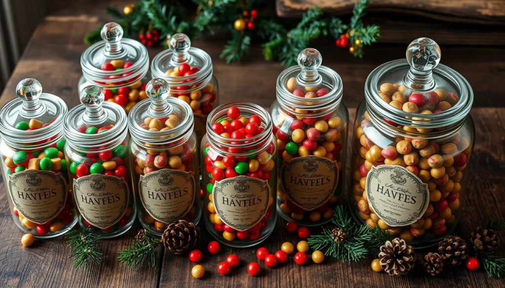 apothecary jars filled with holiday candy
