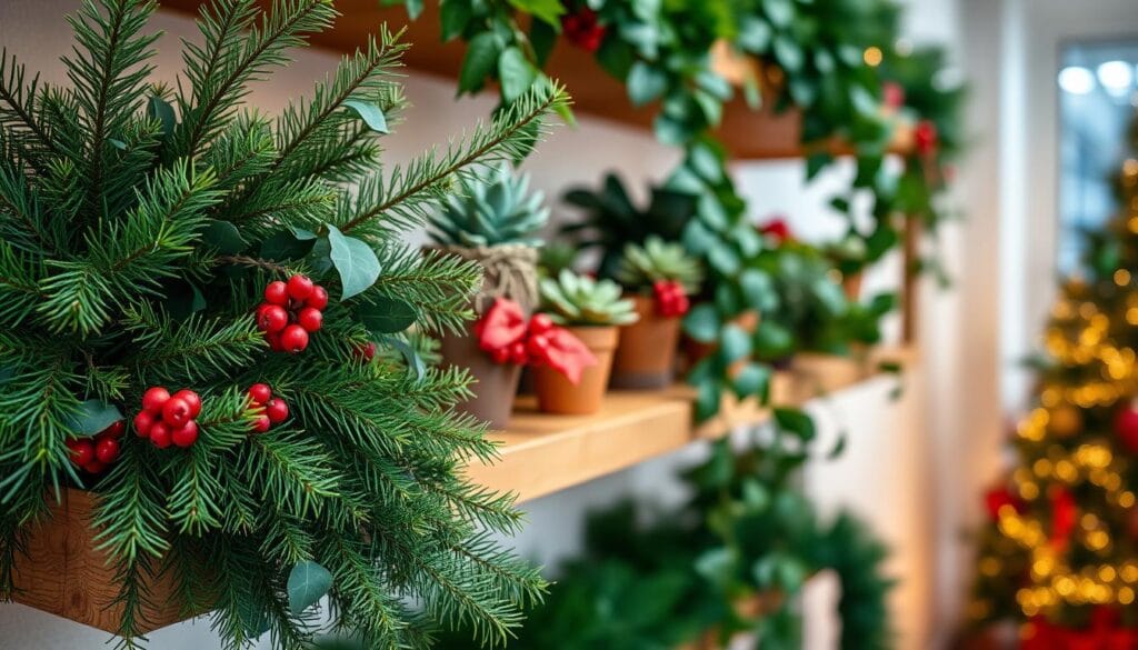 arranging greenery on Christmas shelves