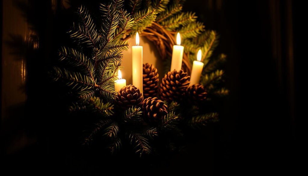 candlelit wreath with pinecones