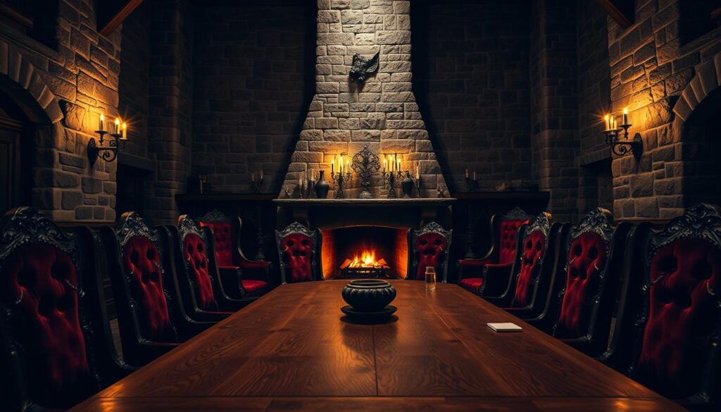 castlecore furniture with dark wood and stone