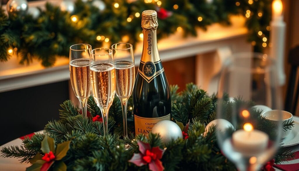 champagne themed christmas decor with greenery