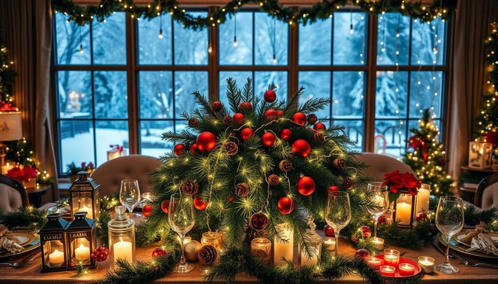christmas decor ideas buffet table with holiday lights