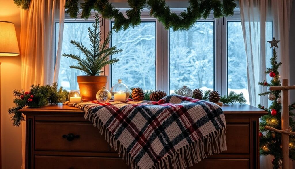 christmas-themed bedroom dresser styling