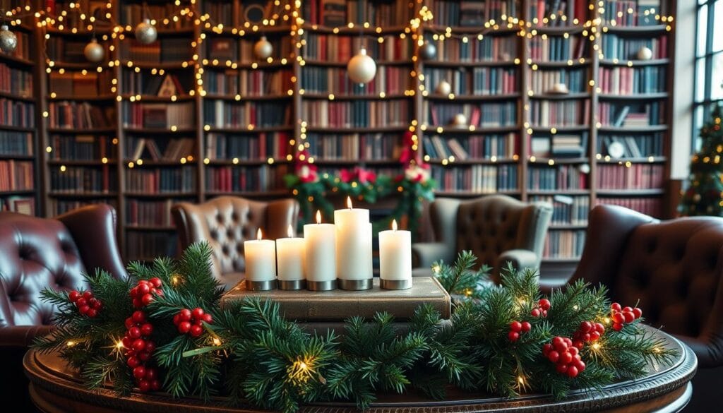 christmas-themed library setup