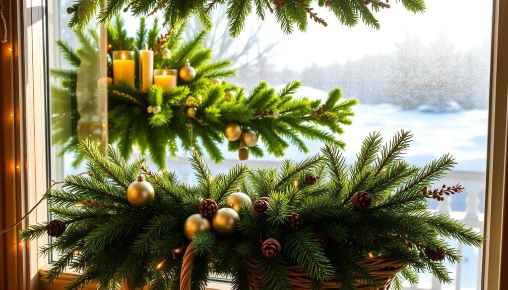 christmas window decor with evergreen