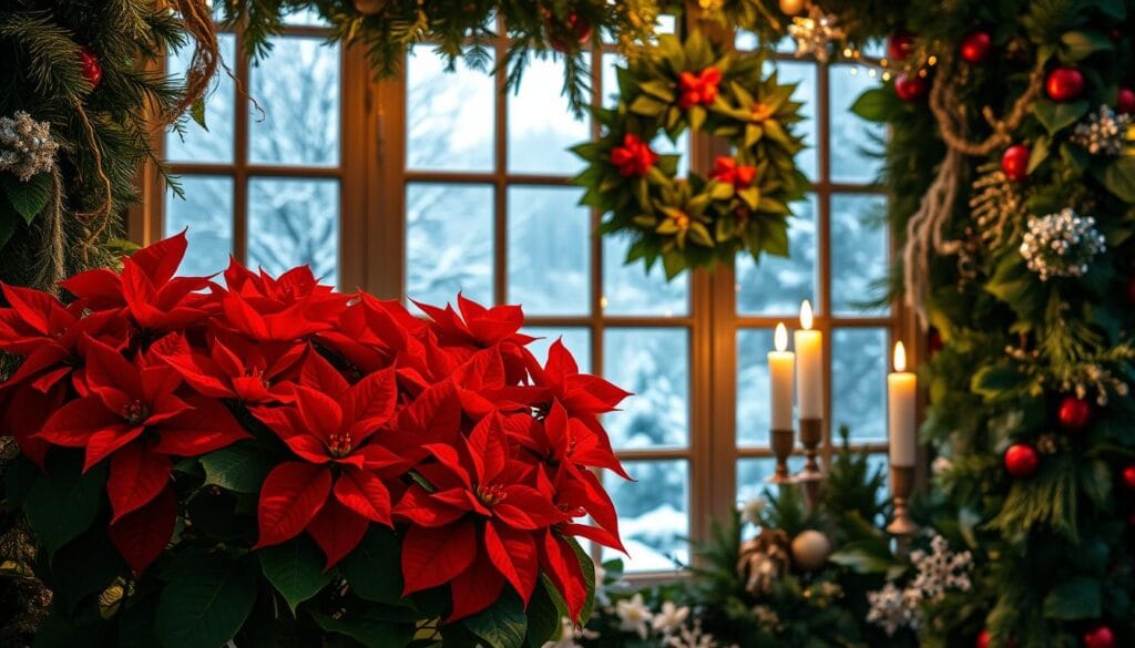 christmas window decorations with plants